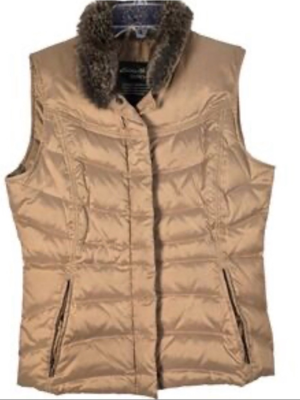 Women's Tan Eddie Bauer Quilted Down Vest with Faux Fur Collar - Size Large